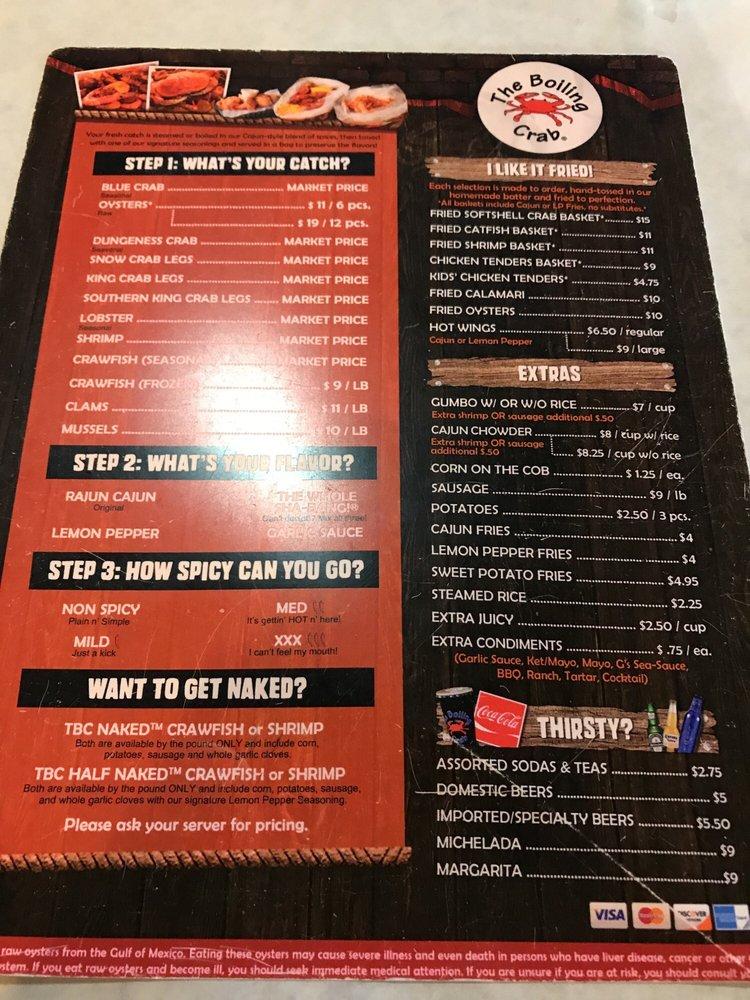 Menu at The Boiling Crab restaurant, Las Vegas, S Decatur Blvd