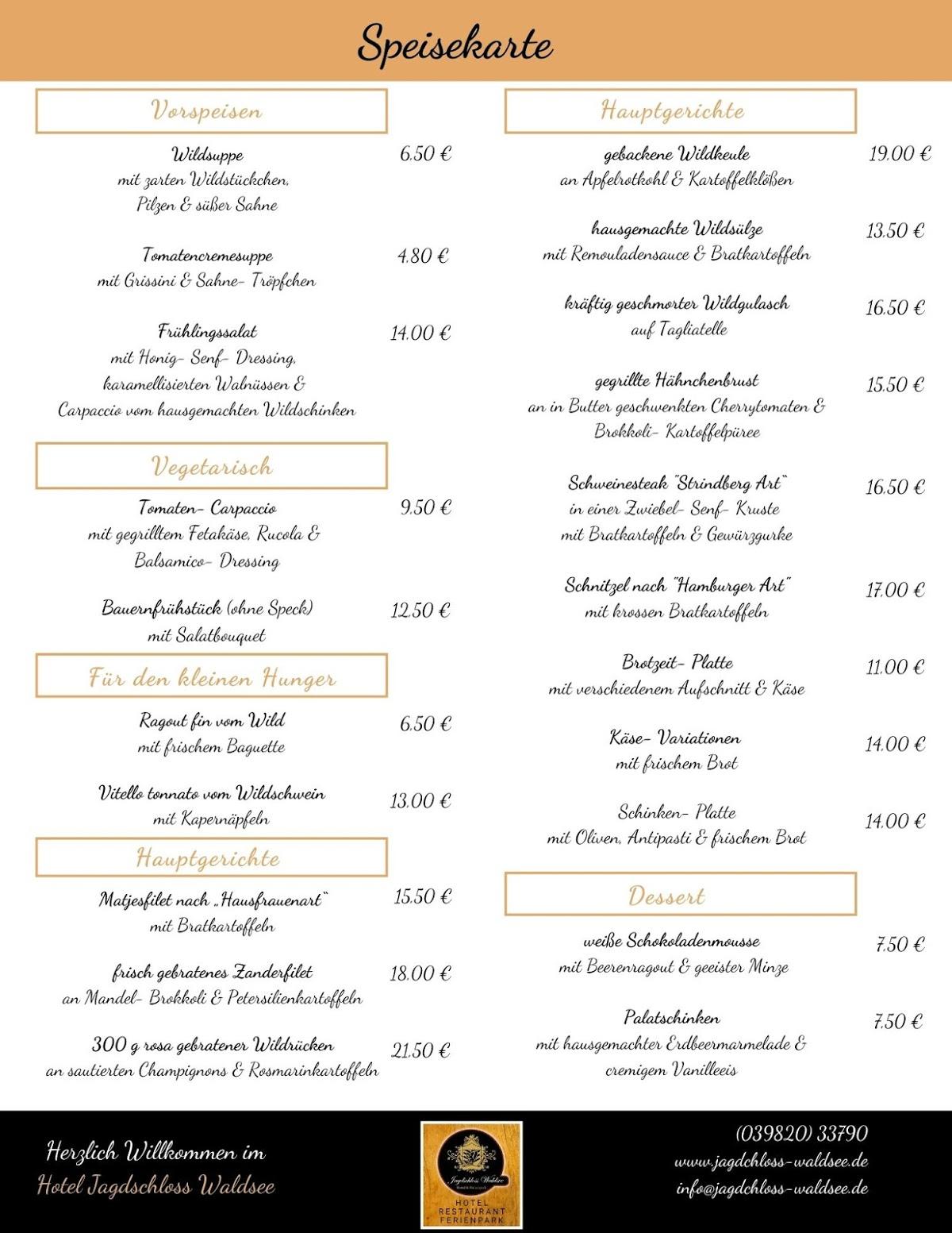 Speisekarte von Jagdschloss Waldsee Hotel und