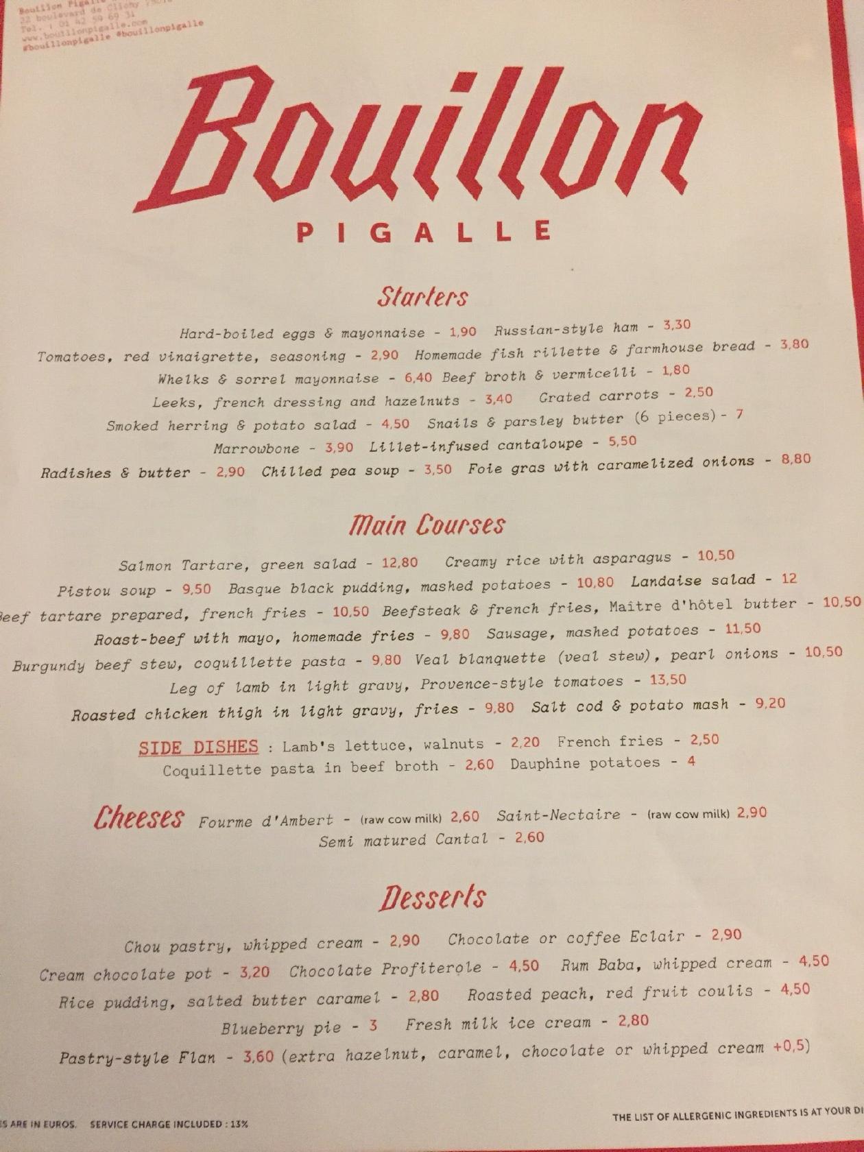 Menu at Bouillon Pigalle restaurant, Paris