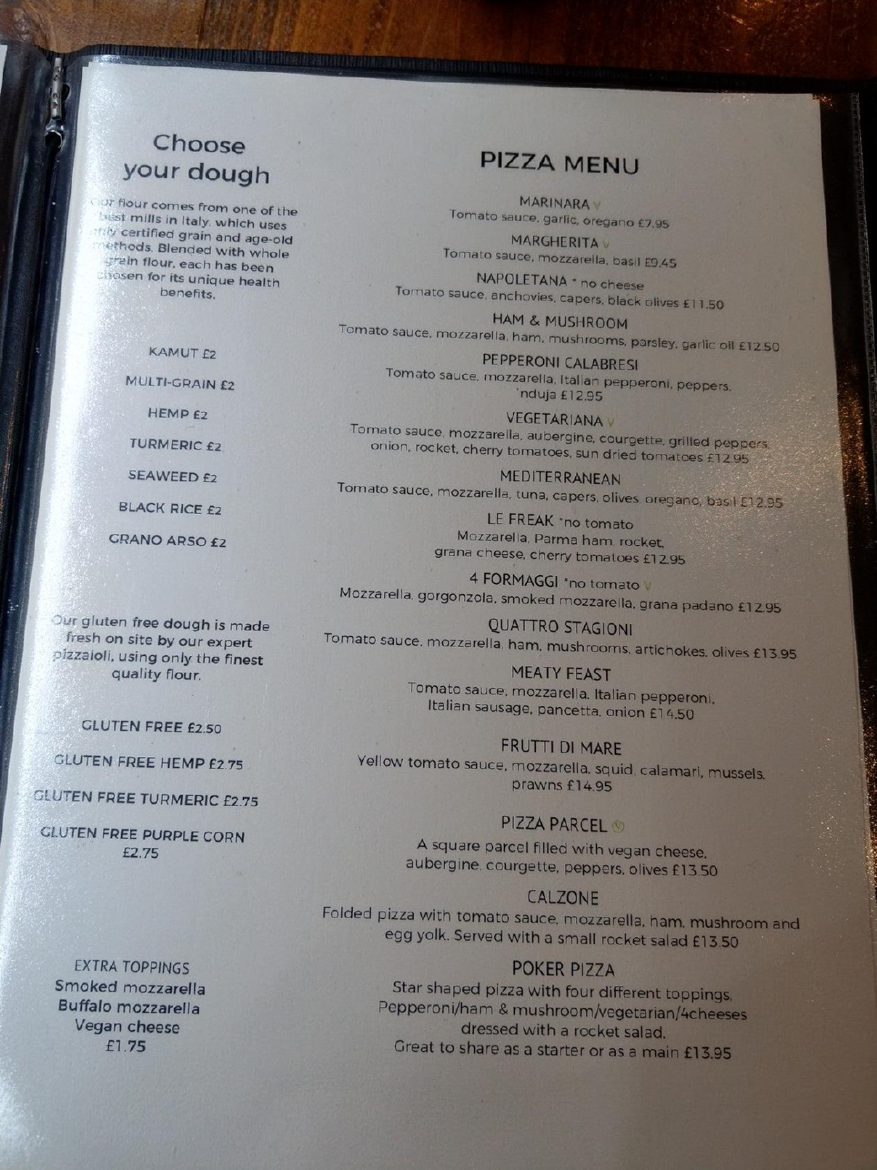 Menu at Dough pizzeria, Bath, 1416 The Corridor