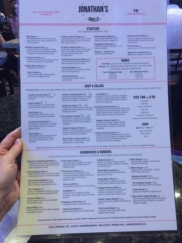 Menu at Jonathan's Grille pub &amp; bar, Hendersonville