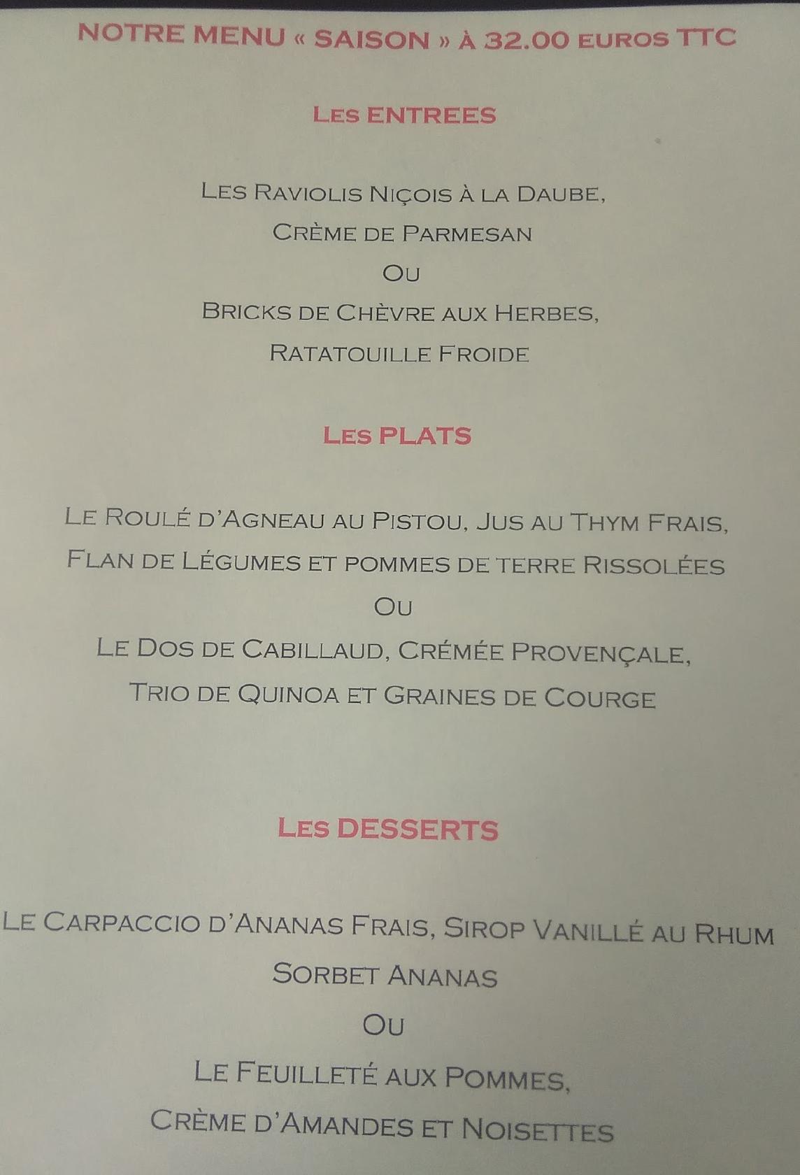 Menu at La Farigoule restaurant, Vence