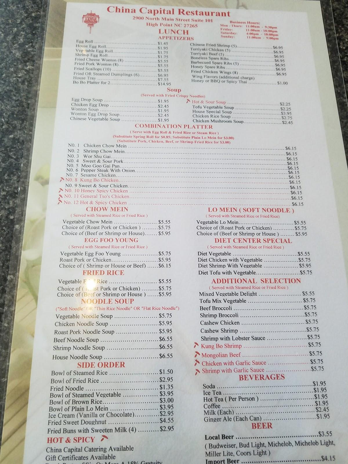 Menu at China Capital Restaurant, High Point
