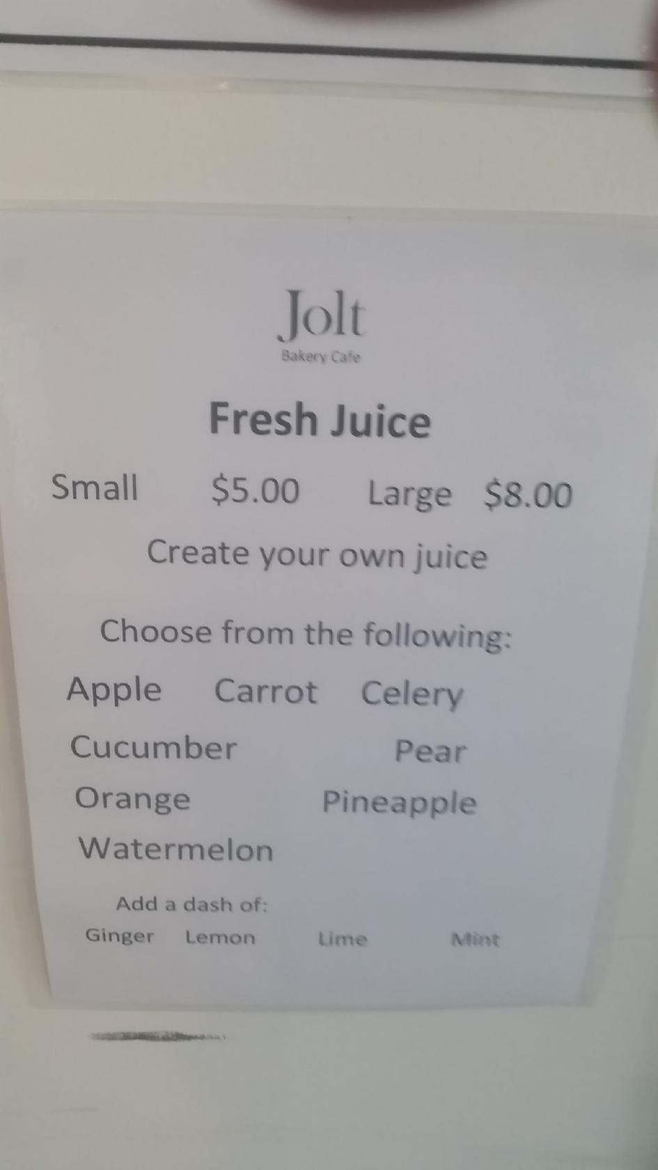 Menu at Jolt Bakery Cafe Yeppoon, Yeppoon