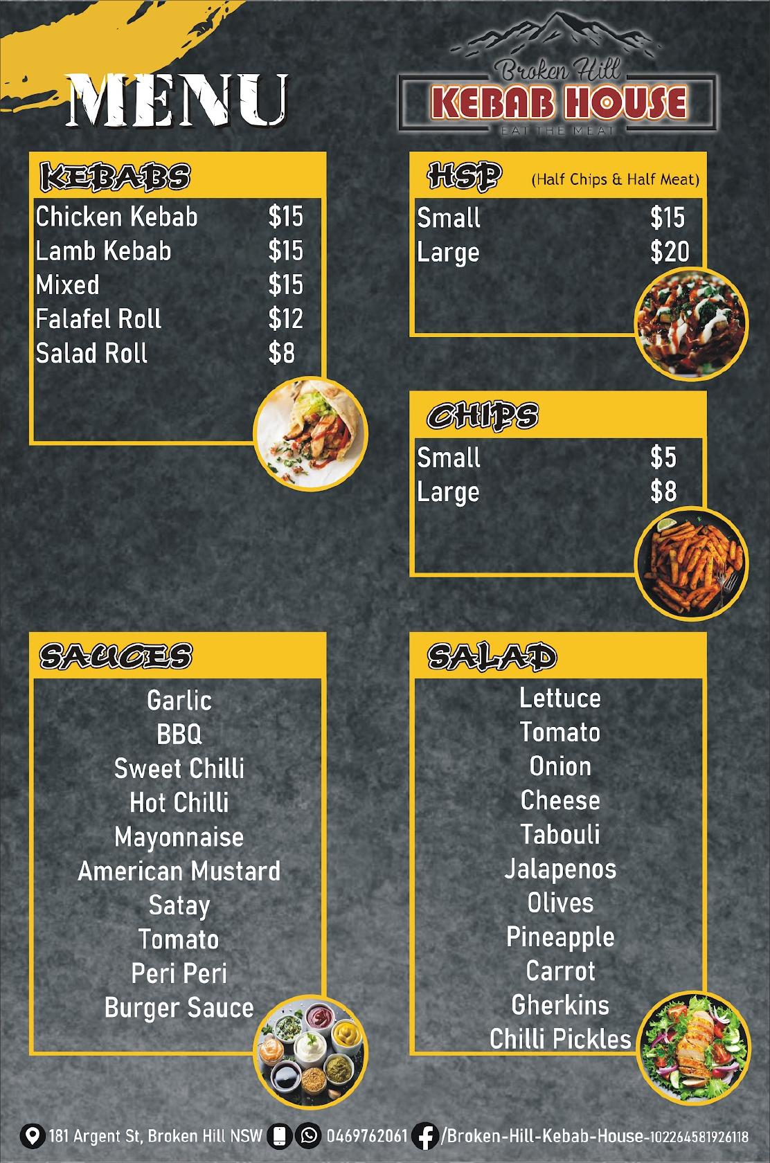 Menu at Broken Hill Kebab House restaurant, Broken Hill