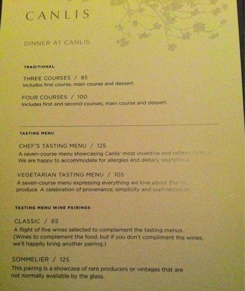 Menu at Canlis restaurant, Seattle