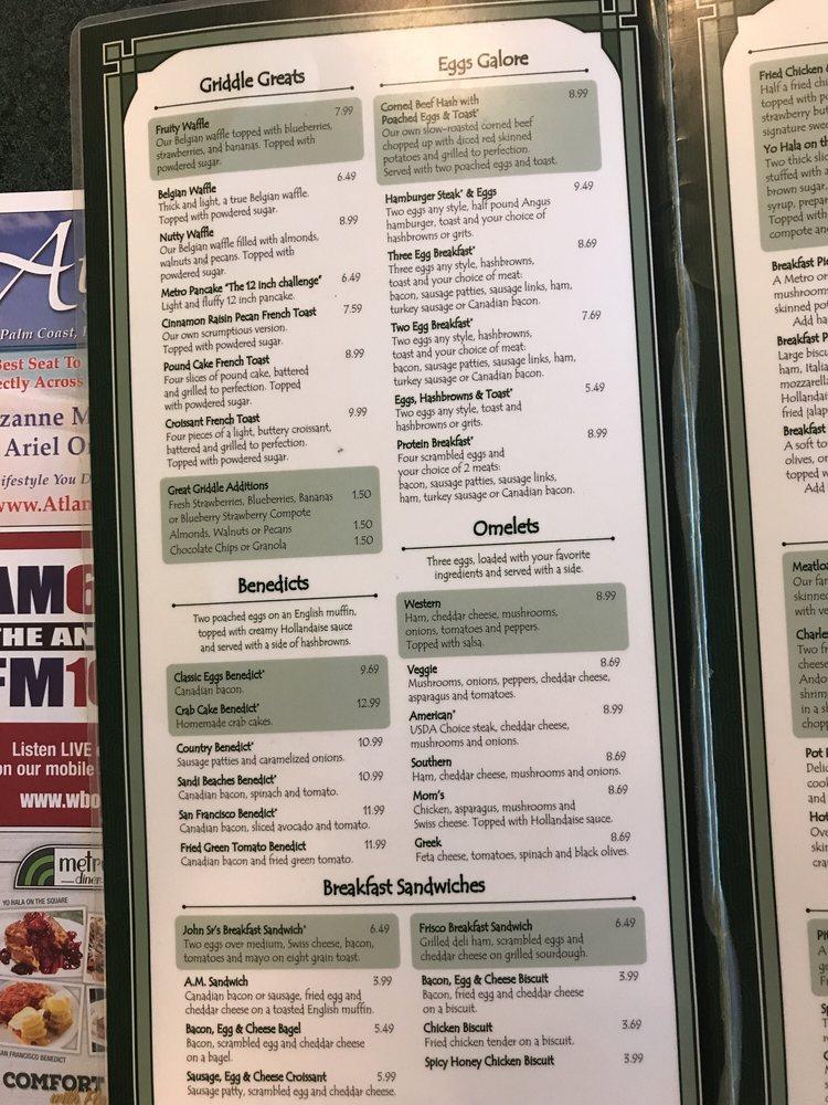 Menu at Metro Diner restaurant, Palm Coast