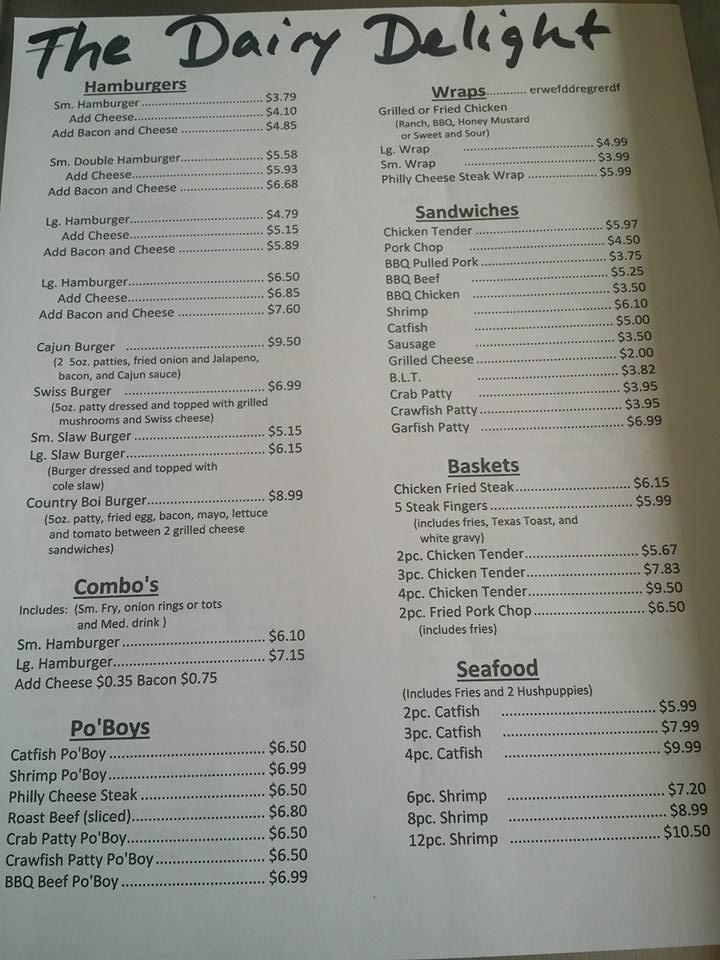 Menu at Dairy Delite restaurant, Moreauville