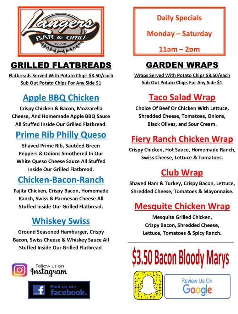 Menu at Langer's Bar &amp; Grill, Sheldon