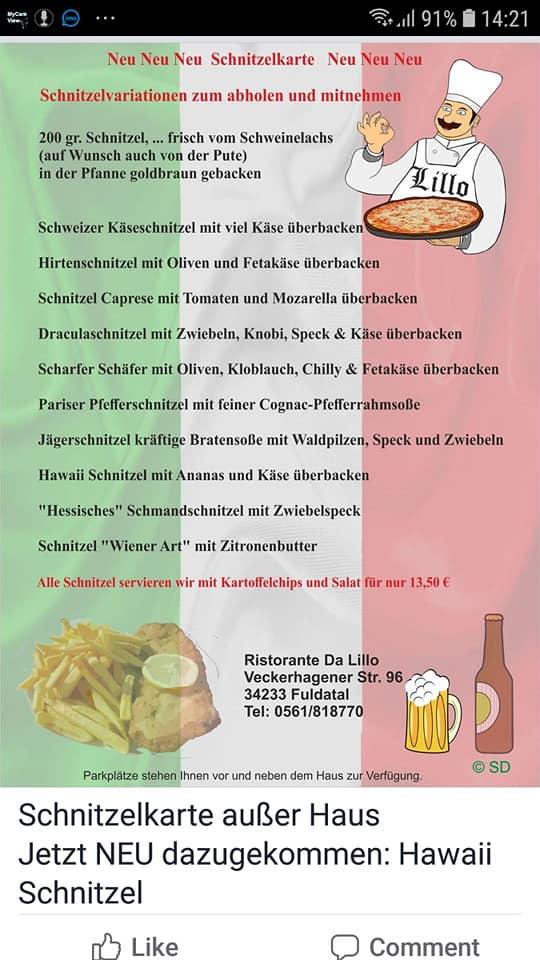 Speisekarte von Ristorante Da Lillo restaurant, Fuldatal
