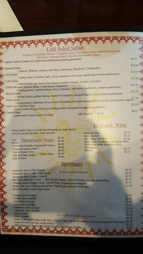 Carta de Cafe Soleil, El Sobrante