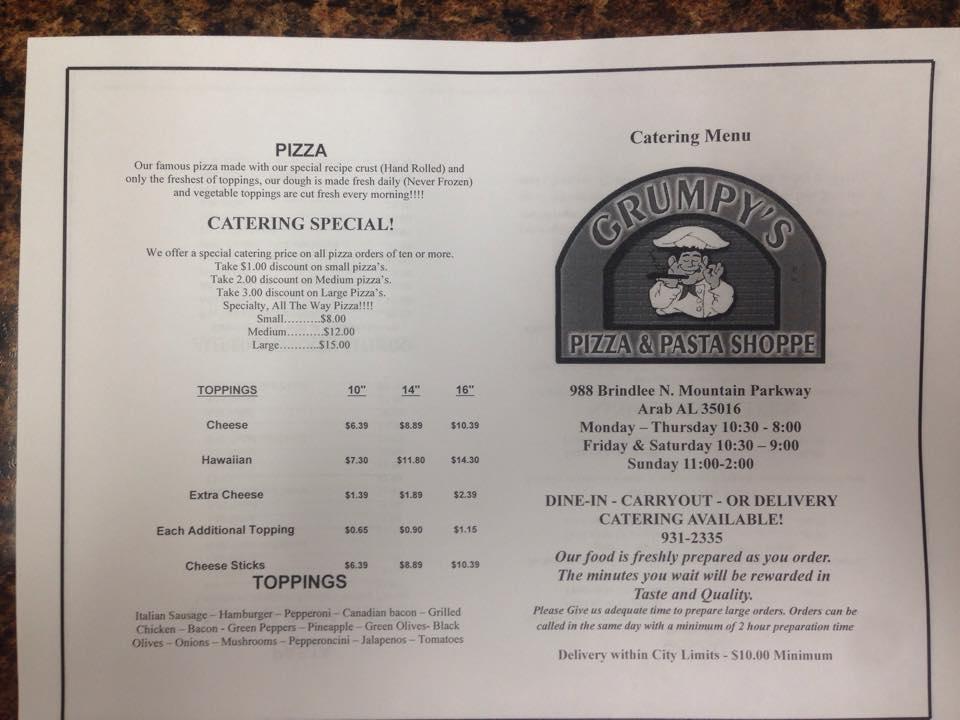 Menu at Grumpy's Pizza pizzeria, Arab
