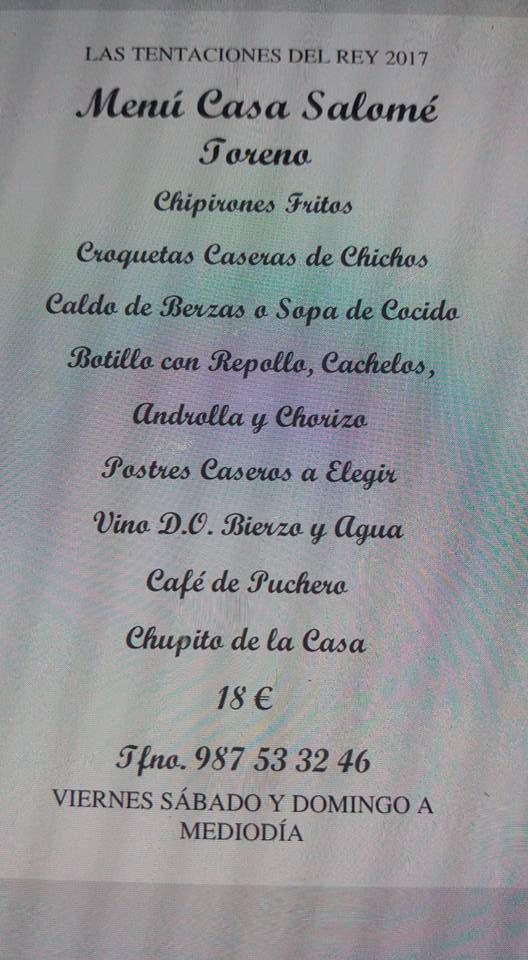 Carta de Salomé Restaurante, Toreno