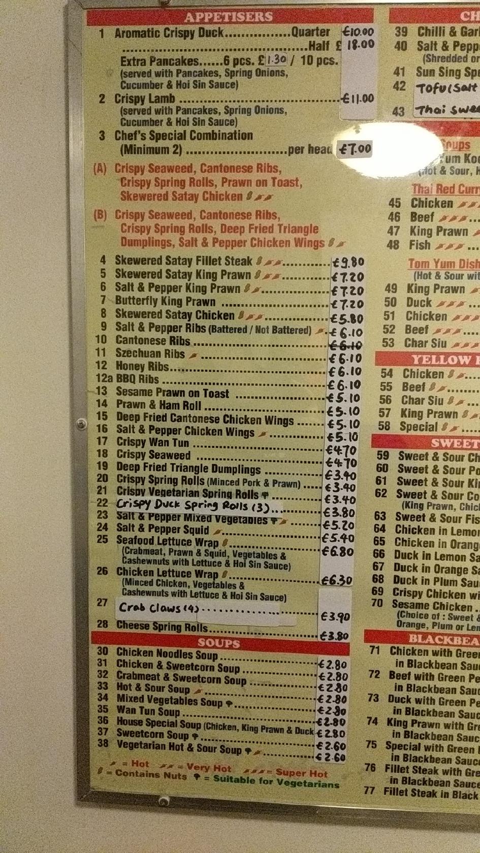 Menu at Sun Sing restaurant, Nantwich
