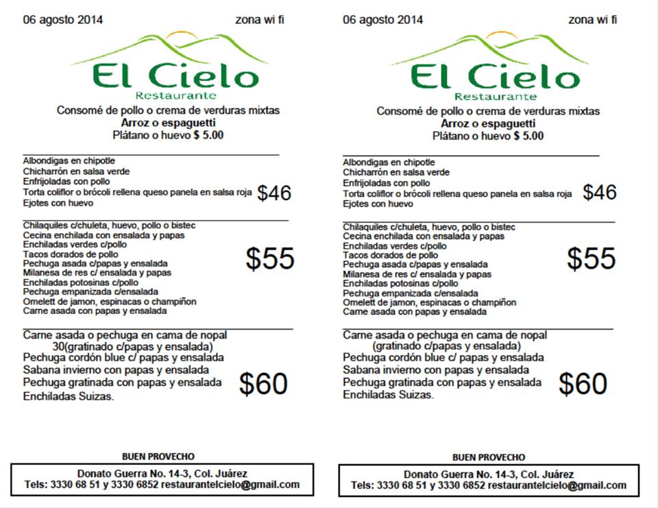 Menu at Restaurante "El Cielo", Mexico City, Donato Guerra 14