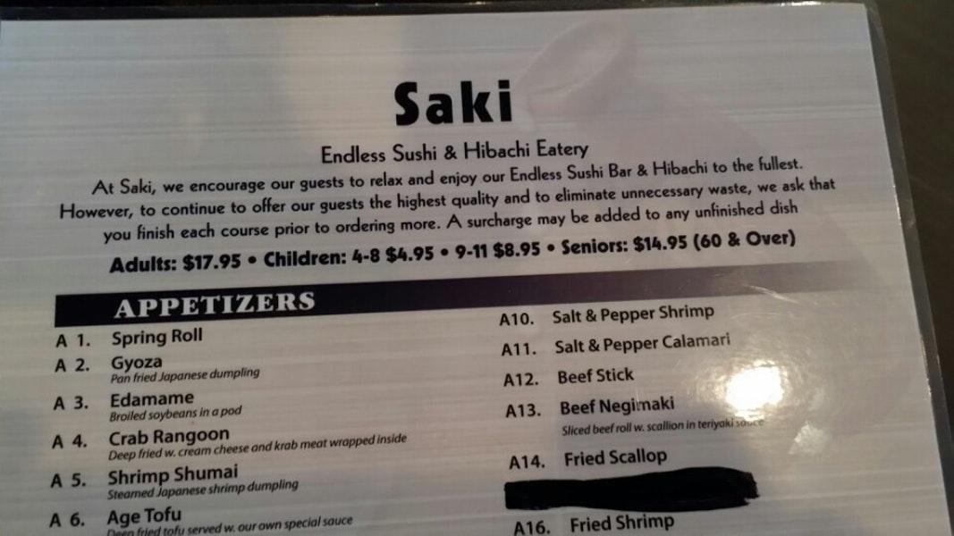 Carta de Saki Endless Sushi & Hibachi Restaurant, Clearwater, Gulf to Bay Blvd 1560