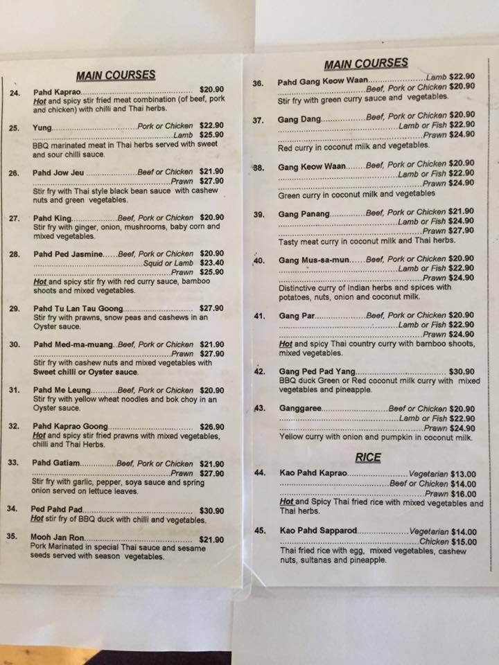 Menu at Red Ginger Thai restaurant, Daylesford