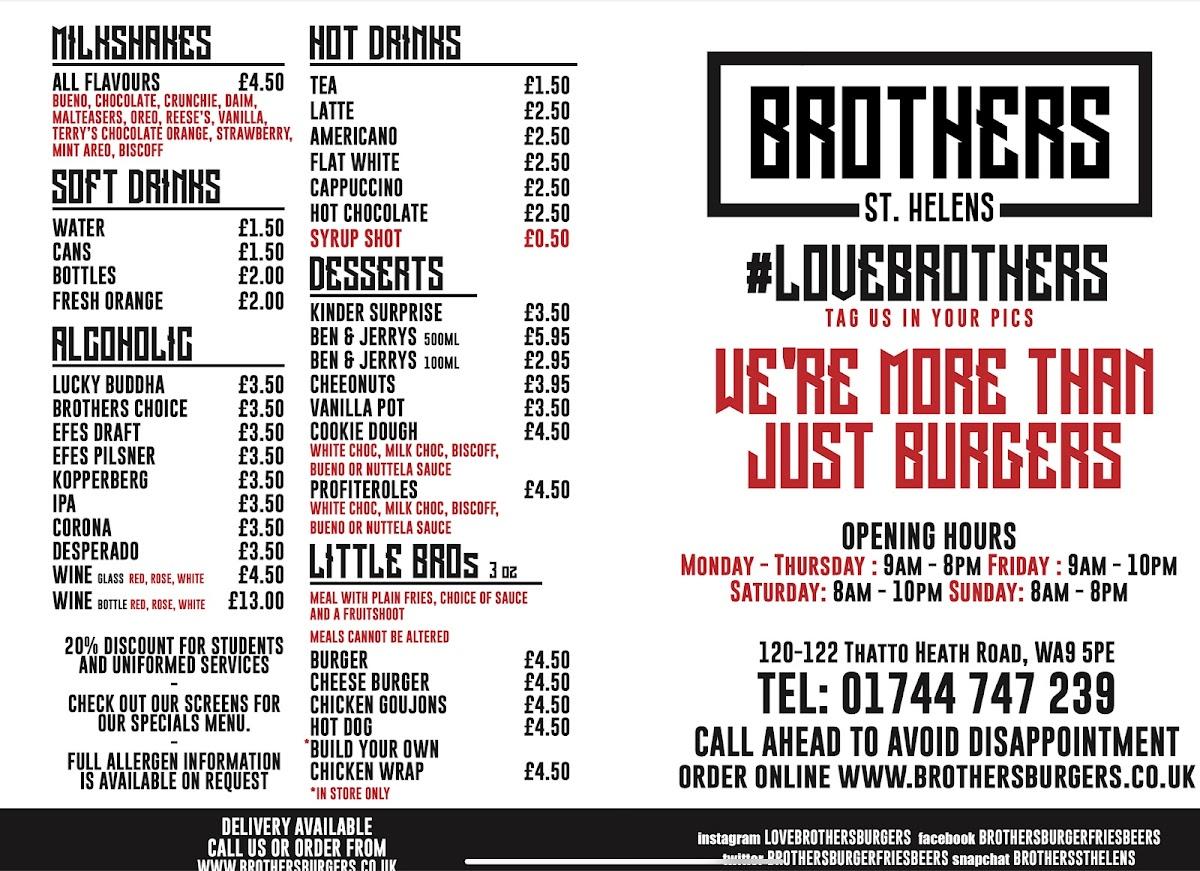 Menu at Brothers Burgers restaurant, St Helens