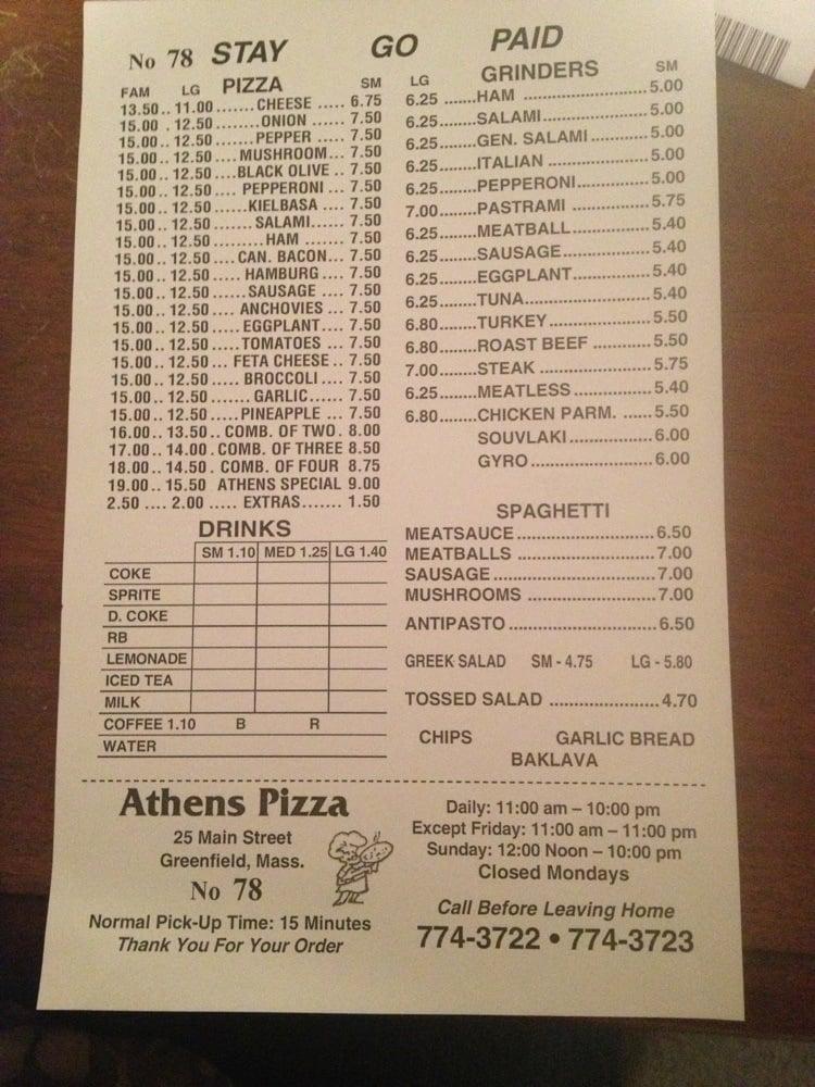 Menu at Athens Pizza pizzeria, Greenfield
