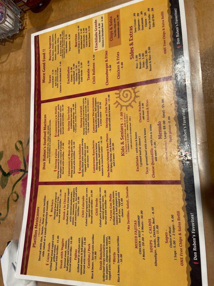 Menu At Don Ruben's Mexican Restaurant, Mariposa