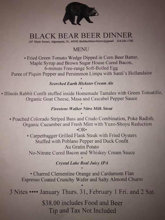 Menu at The Black Bear Bistro restaurant, Algonquin