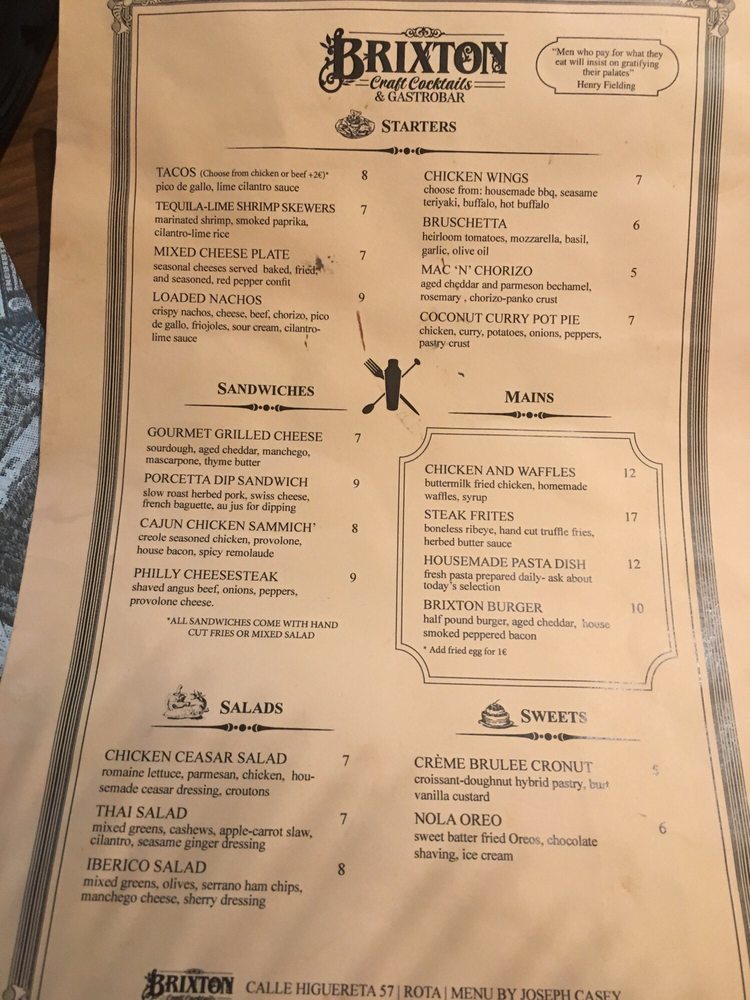 Menu at Brixton pub & bar, Rota