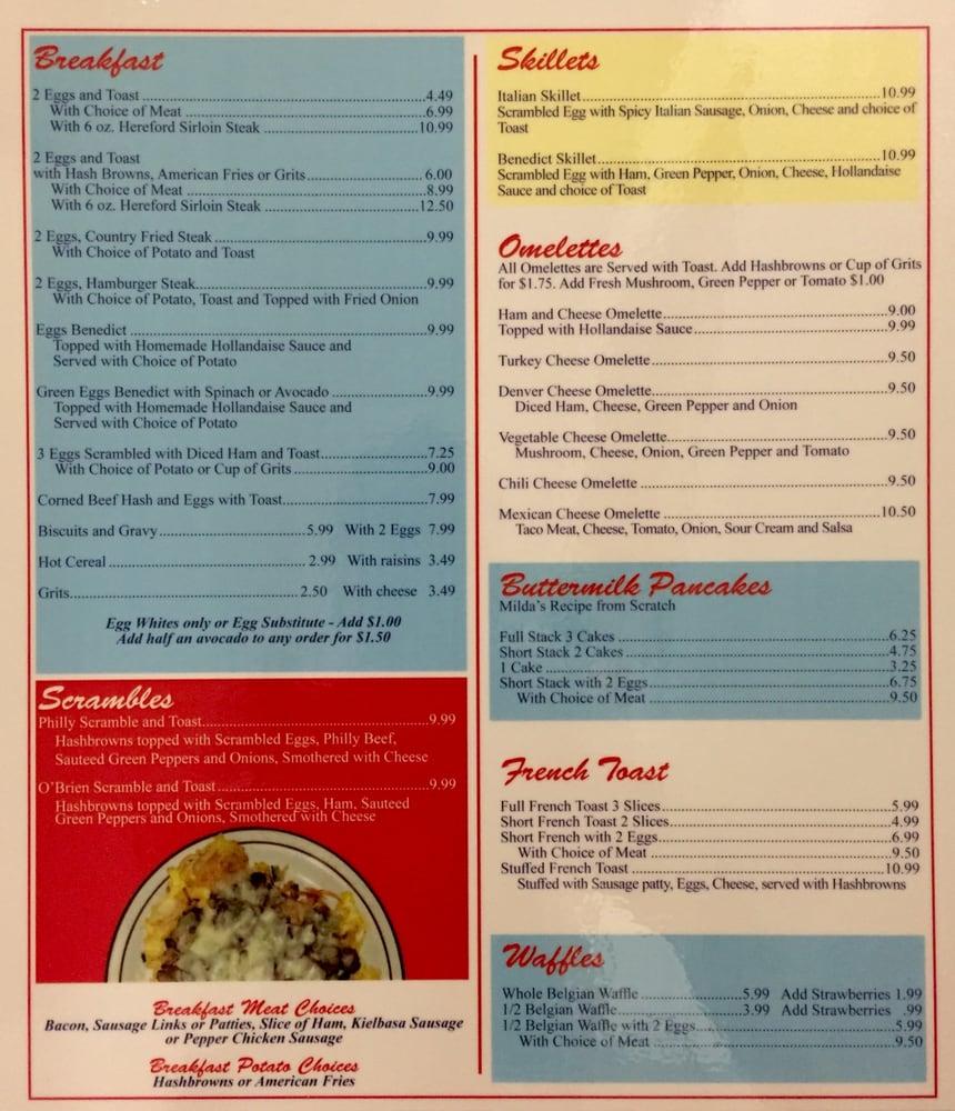 Menu at Milda's Cafe, Minneapolis
