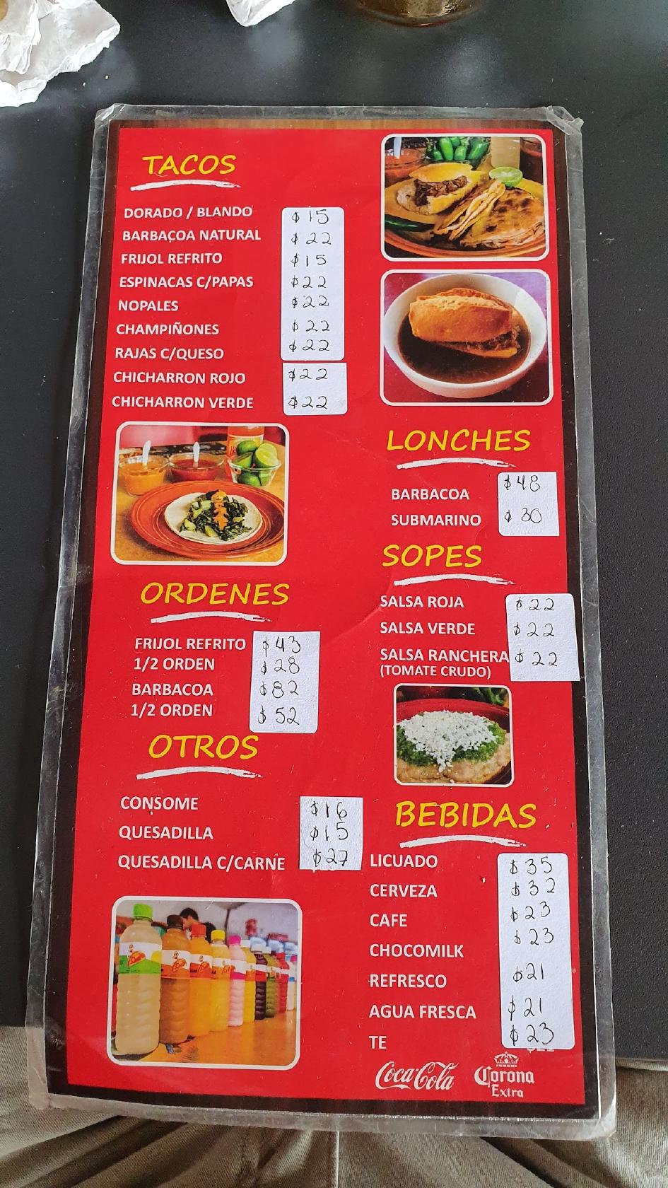 Menu at Tacos Charlie López Mateos restaurant, Zapopan