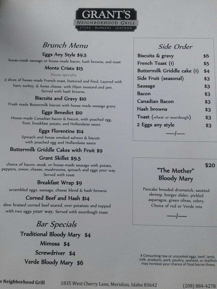 Menu at Grant's Neighborhood Grill restaurant, Meridian