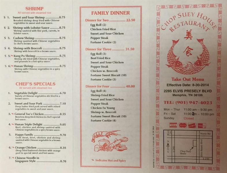 Menu at Chop Suey House restaurant, Memphis