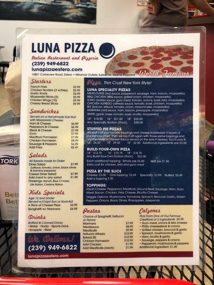 Menu at Luna Pizza pizzeria, Estero