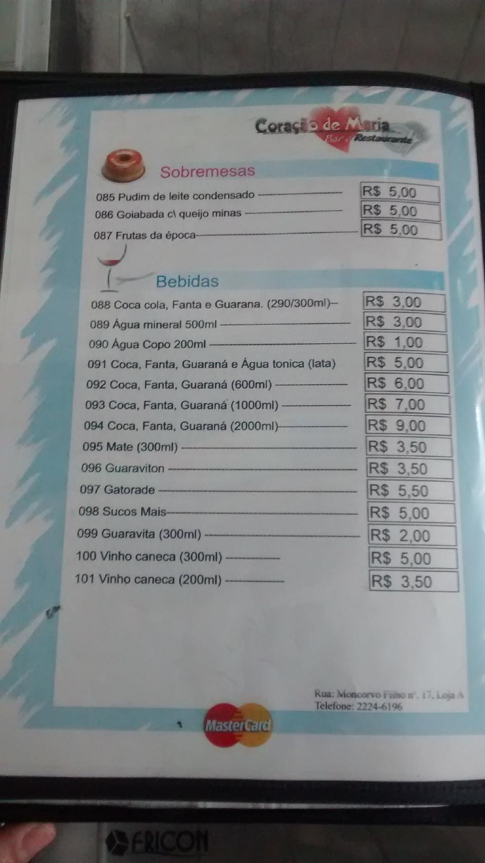 Bar e Restaurante Coração de Maria cardápio