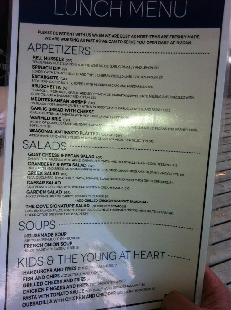 Menu at The Cove Inn restaurant, Westport