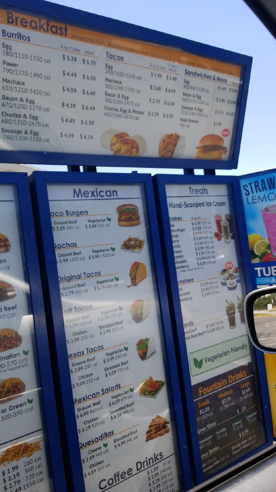 Menu at Baker's DriveThru fast food, San Bernardino, Arden Ave