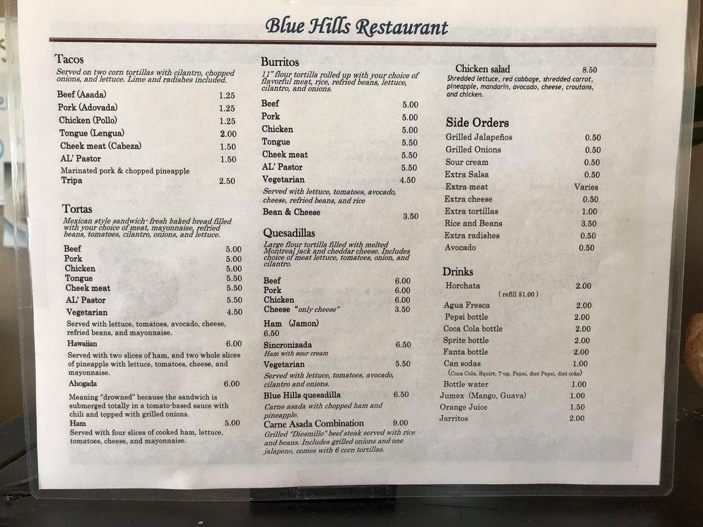 Menu at Blue Hills Taqueria restaurant, Yakima, Tieton Dr
