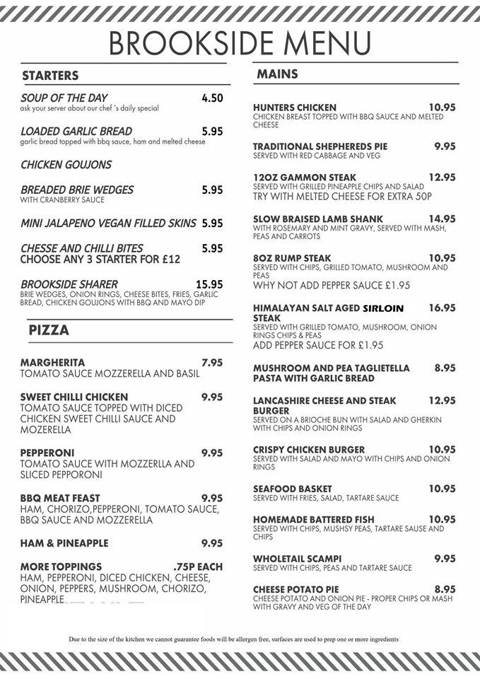 Menu at Brookside Inn pub & bar, Windermere