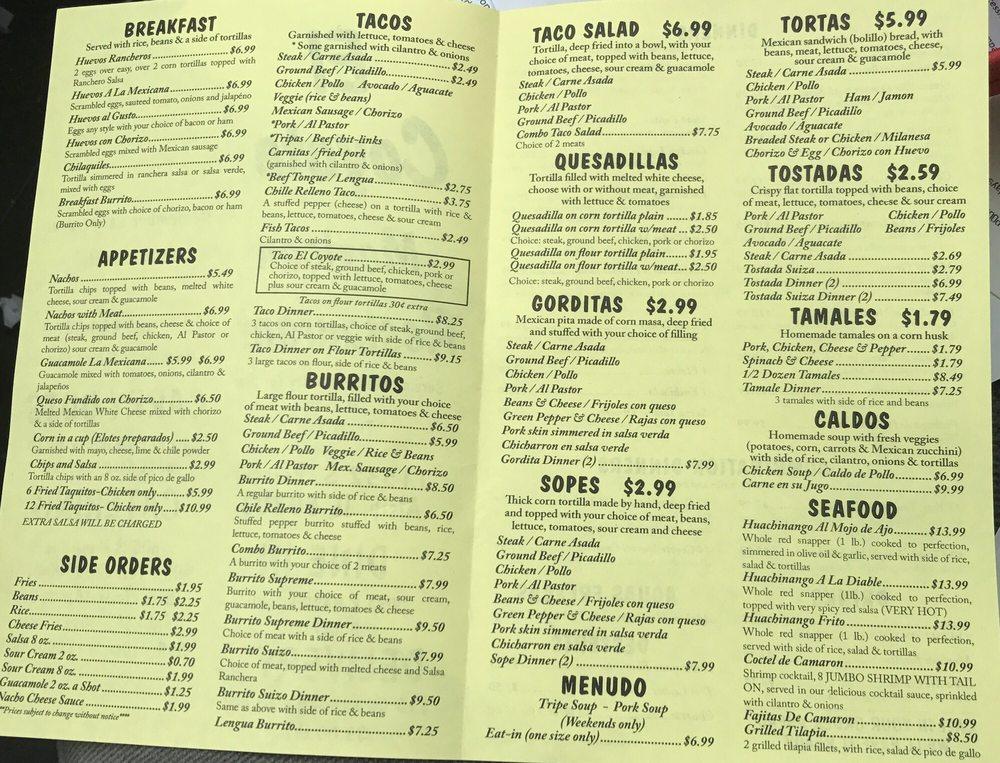 Menu at El Coyote Mexican Restaurant, Alsip