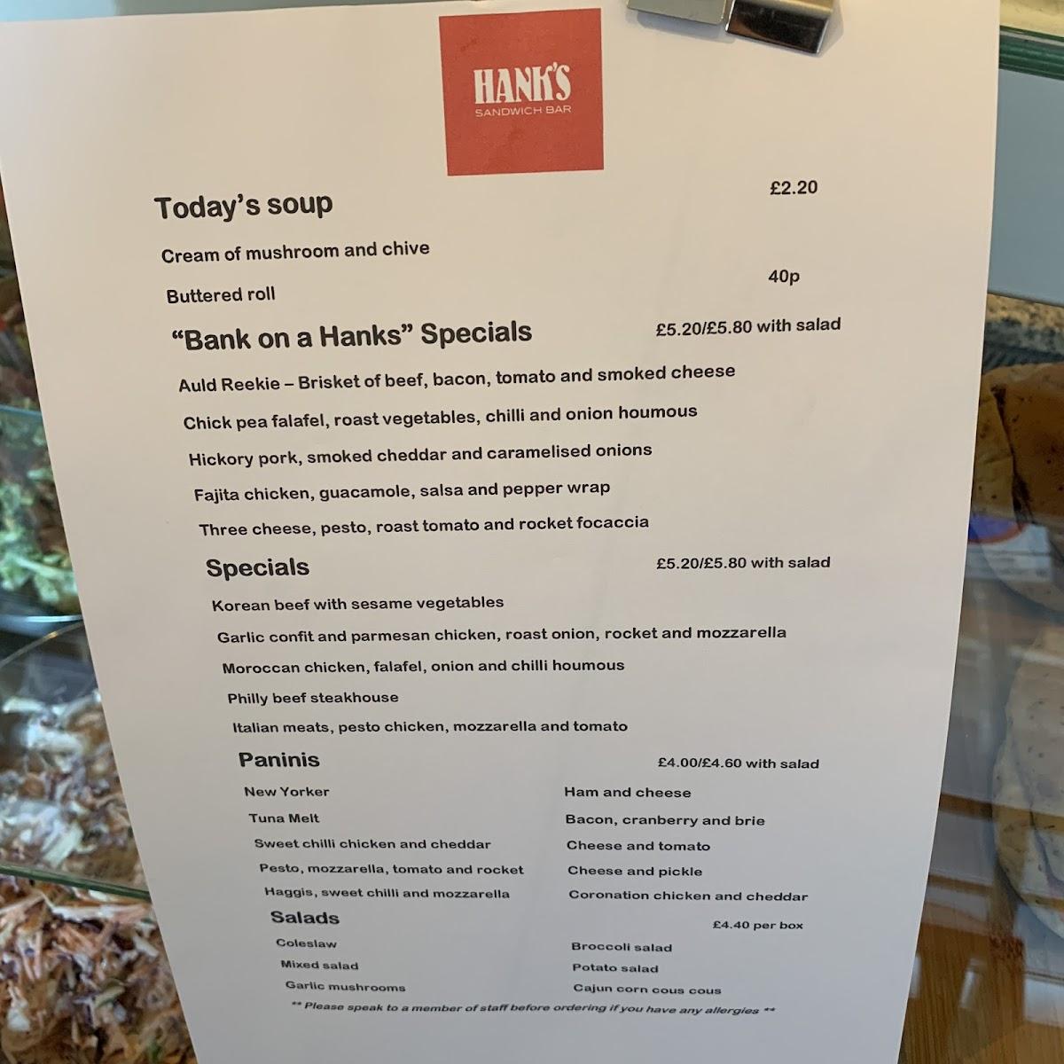 Menu at Hank's Sandwich Bar, Edinburgh