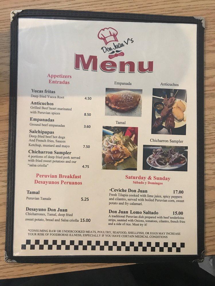 Menu at Don Juan V's Peruvian Sandwiches restaurant, Indianapolis