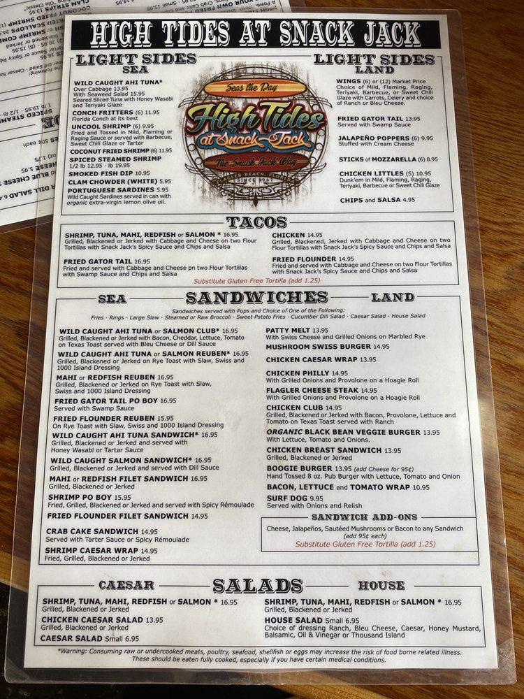 Menu at High Tides At Snack Jack pub & bar, Flagler Beach