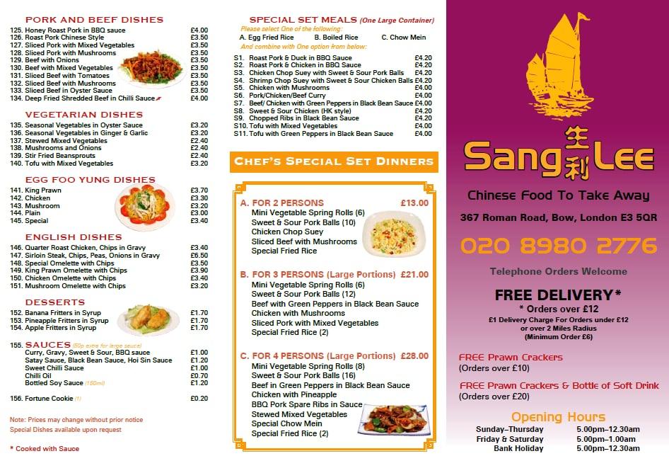 Menu at Sang Lee fast food, London, 367 Roman Rd
