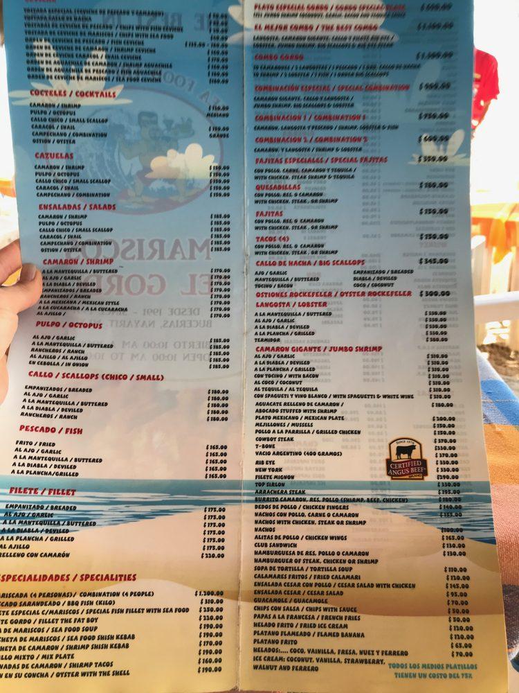 Menu at The Fat Boy Seafood restaurant, Bucerías