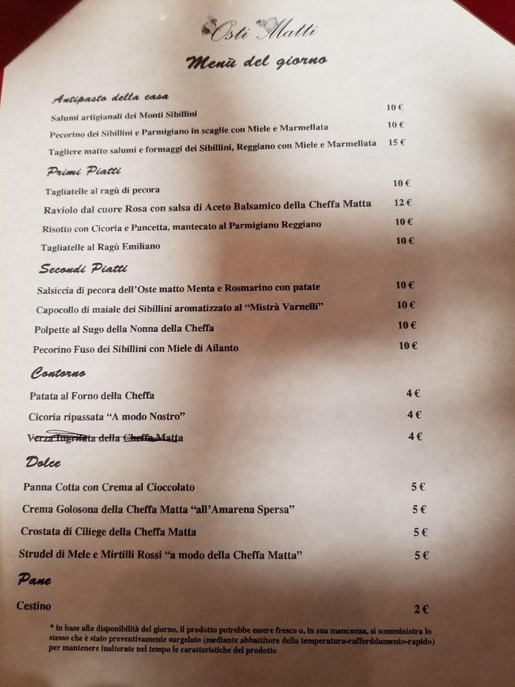 Menu at Trattoria Osti Matti restaurant, Rome