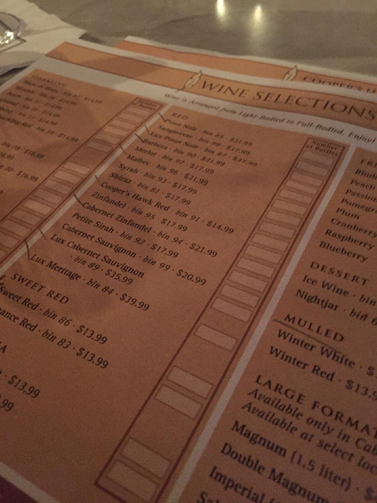 Menu at Cooper's Hawk Winery & Restaurant Oak Lawn, Oak Lawn, W 111th St