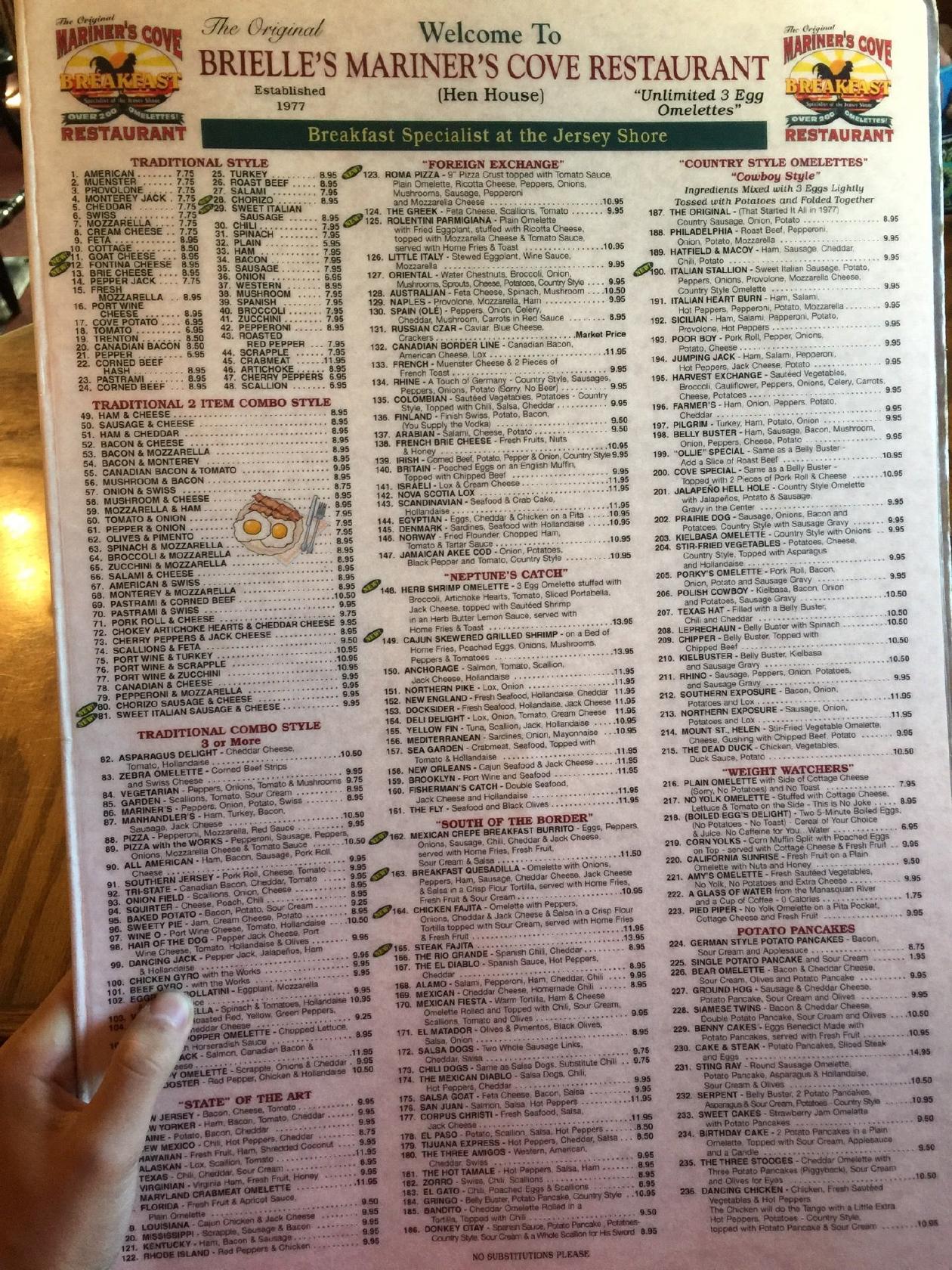 Menu at Mariner's Cove Restaurant, Brielle