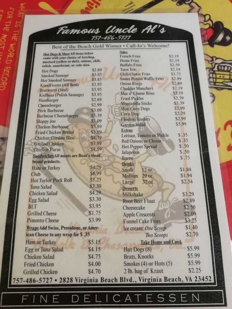 Carta del restaurante Famous Uncle Al's Hotdogs & Fries, Virginia Beach ...