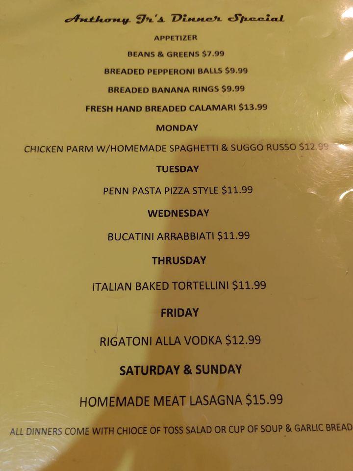 Menu at Anthony Jr's Restaurant & Pizzeria, Coraopolis, 5th Ave