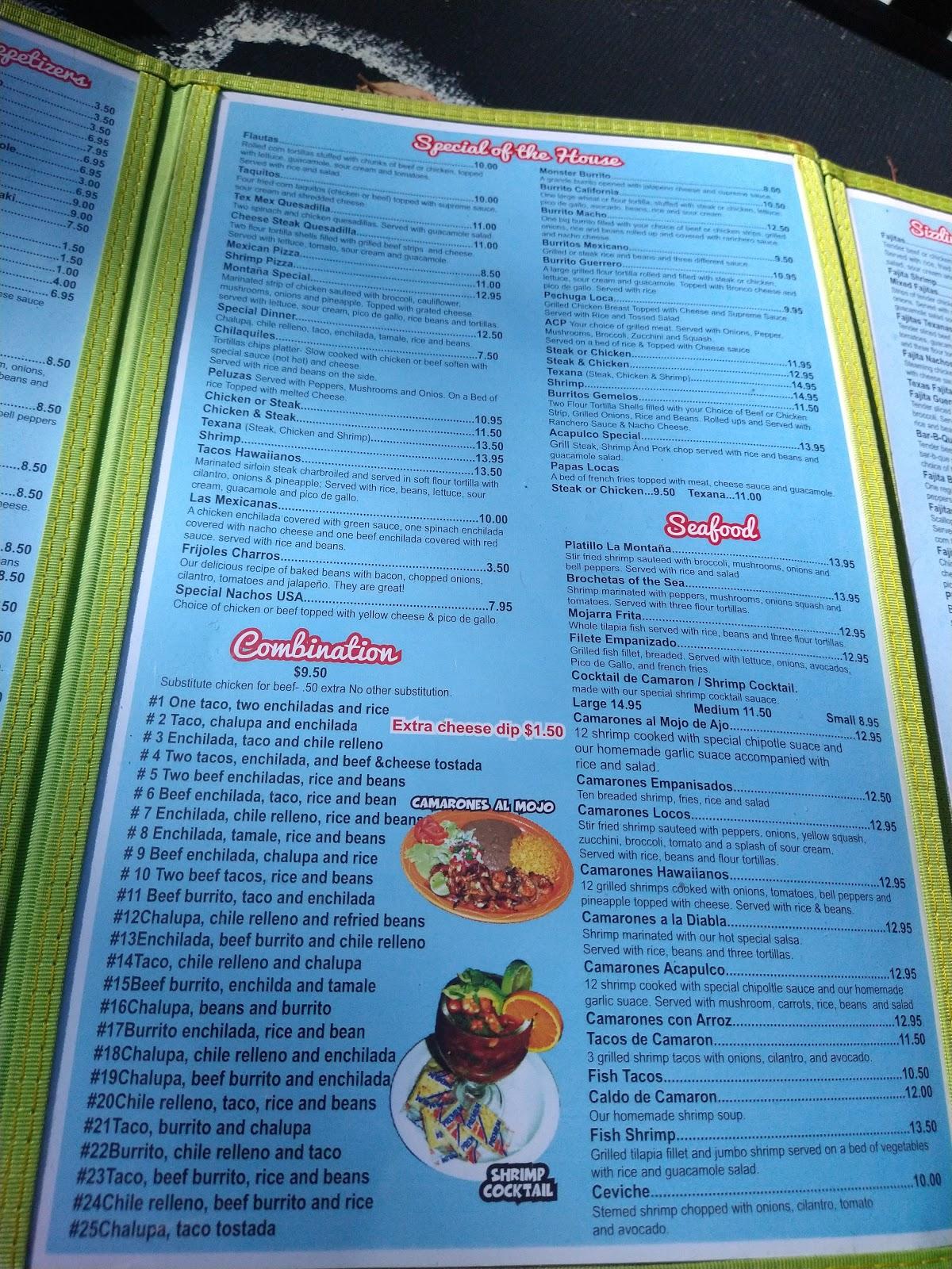 Menu at La Montaña Mexican Restaurant, Chimney Rock