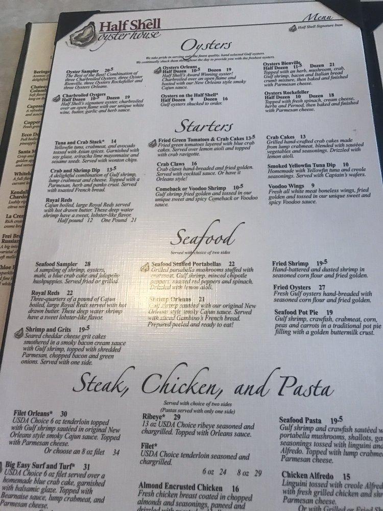 Menu at Half Shell Oyster House restaurant, Tuscaloosa