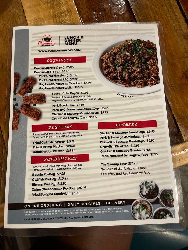 Menu at Parrain's Jambalaya Kitchen restaurant, Biloxi